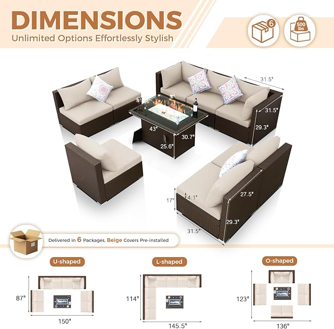 BULEXYARD 9 Piece High Back Outdoor Sectional Couch Set with Fire Pit, Elegant All-Weather Patio Furniture Set, Extra Large Size 8-Person Backyard Seating Group L-Shape for Yard, Deck, Brown & Beige