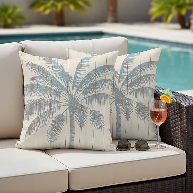 Pack of 2 Blue Beige Palm Tree Outdoor Pillow Covers Decorative, Summer Tropical Botanical Waterproof Pillow Protector, Vintage Throw Pillowcases Accent Cushion Cases for Patio Couch Sofa 20"x20"