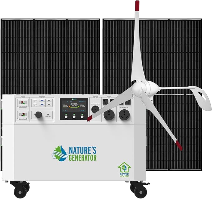 Nature’s Generator Powerhouse Gold WE System: 4800Wh Powerhouse + Two 410W Power Panels + 500W Wind Turbine,120VAC and 240VAC Pure Sine Wave Address Home Power Requirements