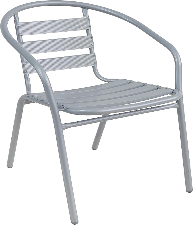 BTEXPERT Gray Indoor Outdoor Restaurant Stainless Steel Silver Aluminum + 3 Metal Slat Stack Commercial Lightweight, 3 Chairs with a 27.5" Round Table