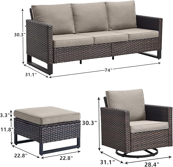 Rilyson Wicker Outdoor Patio Furniture Set - 7 Piece Patio Conversation Set with 4 Swivel Rocker Chairs,2 Rattan Ottoman and 1 Couch for Outside Porch Deck Backyard(Brown/Grey)