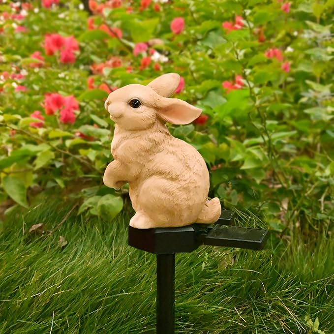 Bunny Garden Ornaments Rabbit Solar Decor Outdoor Statue Yard Decorations | Light up Bunny Porch Decor Outside Animal Stake Waterproof Patio Cute Brown Hare Figurine Lawn Easter Gifts Idea Mom Mother