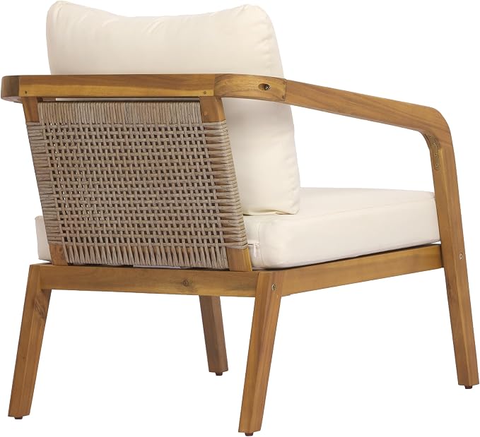 Merax 2 Piece Acacia Wood Outdoor Patio Club Chair with PE Wicker Backrest & Cushions– Modern Accent Armchair for Balcony, Poolside, and Sunroom