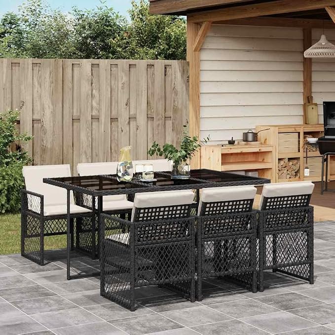 7-Piece Garden Dining Set with Cushions, Black Poly Rattan Outdoor Table and 6 Foldable Chairs for Patio Backyard, Modern Backyard Dinner Furniture Set with Tempered Glass Tabletop