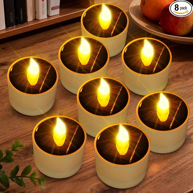 Solar Tea Lights Outdoor Waterproof - 8 Pack Rechargeable Flickering Candle Lights Solar Powered Reusable LED Candles Flameless Lamp Nightlights for Lanterns Garden Camping Home Decor, 2.3''x2.1''