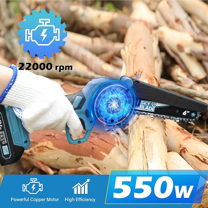 6 Inch Mini Chainsaw Cordless, Portable Electric Chainsaw, for Wood Cutting, Tree Trimming, Courtyard, Household, and Garden Blue