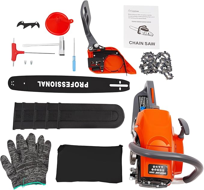 Gas Chainsaw, 58CC 2 Stroke Gasoline Powered Chainsaw, 20 Inch Handheld Single Cylinder Petrol Chain Saws for Forest, Wood, Garden and Farm Cutting Use, Self-reset Pull Start (58CC)