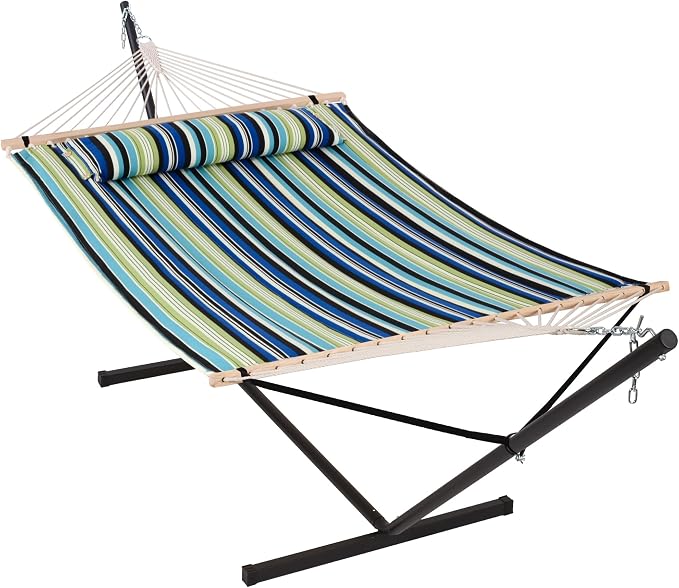 ANOW Double Hammock with Stand 12FT Included, Heavy Duty Hammock with Stand for Outside, 450 LBS Weight Capacity, Green & Blue Stripe