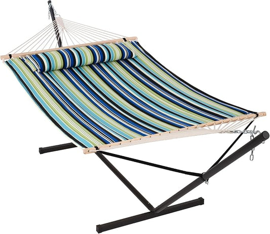 ANOW Double Hammock with Stand 12FT Included, Heavy Duty Hammock with Stand for Outside, 450 LBS Weight Capacity, Green & Blue Stripe