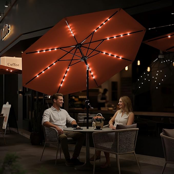 Garvee 9/10 FT Solar Patio Umbrella with 32 LED Lights - Outdoor Table Umbrella with Crank Lift, Push Button Tilt and 8 Sturdy Ribs - Market Umbrella UV Protection for Pool, Deck, Yard, Garden