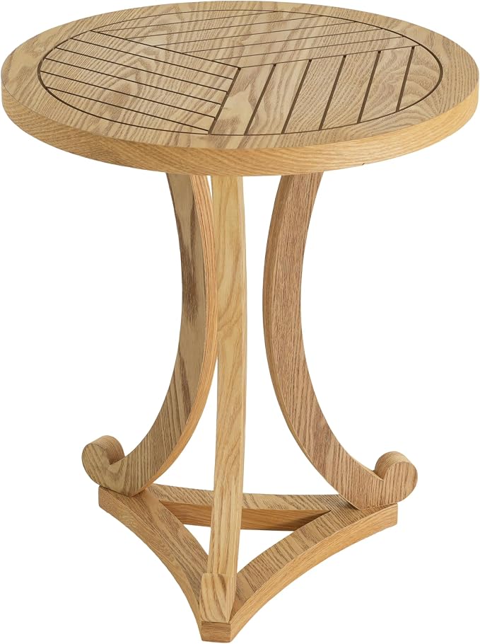 Natural Finish Round Wood Accent Table Farmhouse Elegant Curved Base Side End Table for Living Room, Bedroom, or Patio