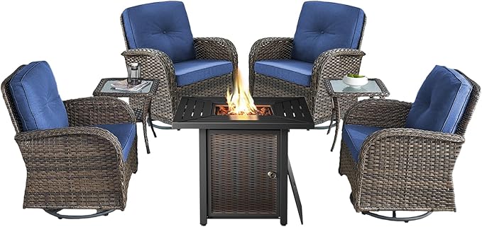 7 Pieces Patio Furniture with Fire Pit-High Back Swivel Patio Chairs Set of 4 with Outdoor Side Table Outdoor Patio Furniture Set for Deck Porch Garden Balcony Poolside-Brown/Blue