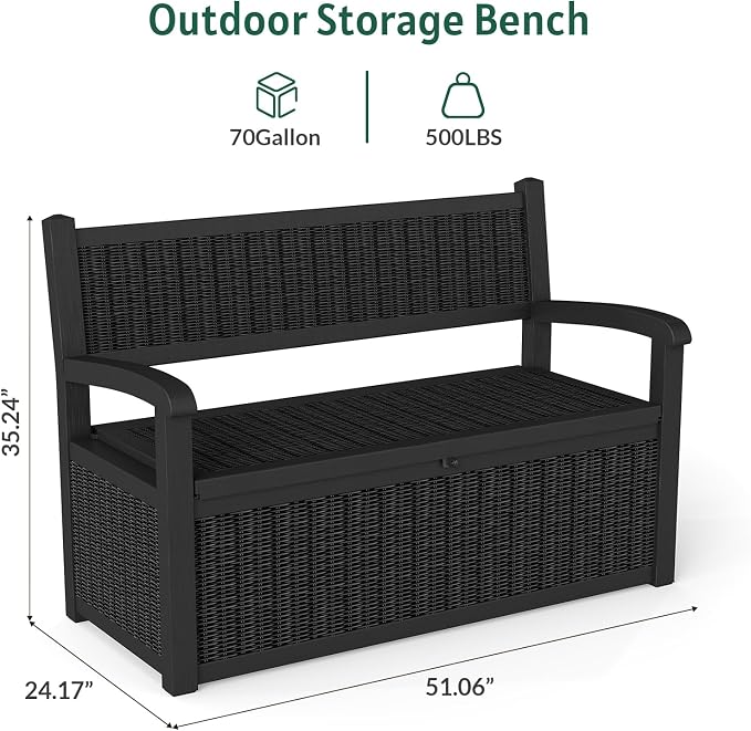 Skepphlay 70 Gallon Storage Bench Outdoor, Deck Box Bench with Armrest, Lockable Outside Benches with Storage, Deck Boxes Waterproof for Pool Patio Garden (Black)