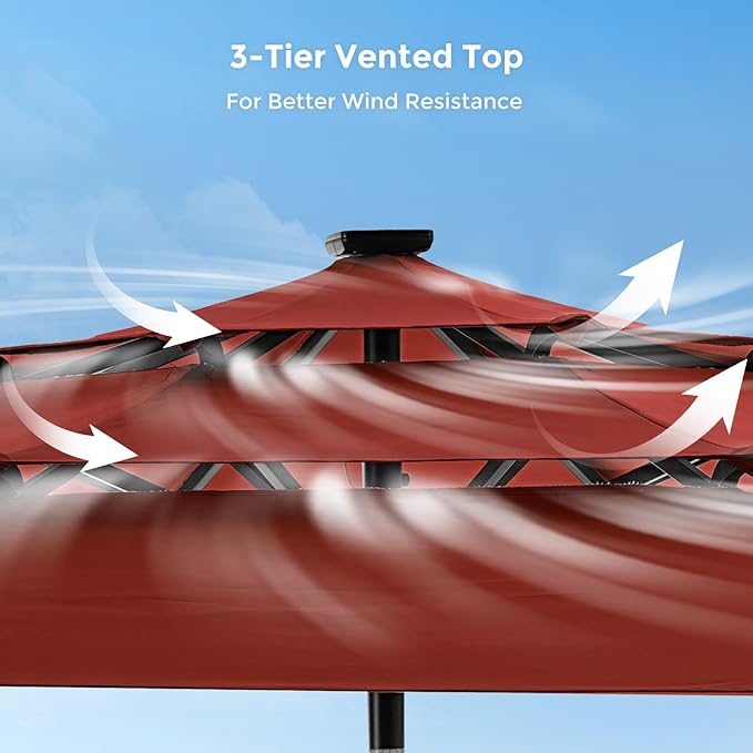 HOMSHADE 9FT 3-Tier Solar Patio Umbrella Heavy Duty, Vented Market Table Umbrella Windproof w/32 LED Lights, UPF50+, 5-year Fade Resistant, for Pool, Lawn, Garden, Deck (Neon Orange,No Base)