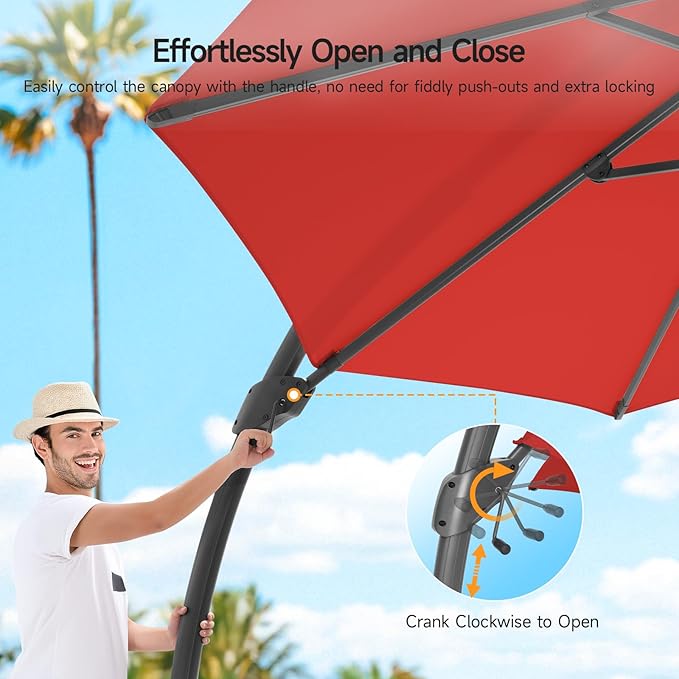 11 FT Outdoor Patio Umbrella with Base, Aluminium Curved Cantilever Umbrella, Large Round Hanging Offset Umbrella with Unlimited Position Adjustment and 360°Rotation for Market Garden Pool, Red