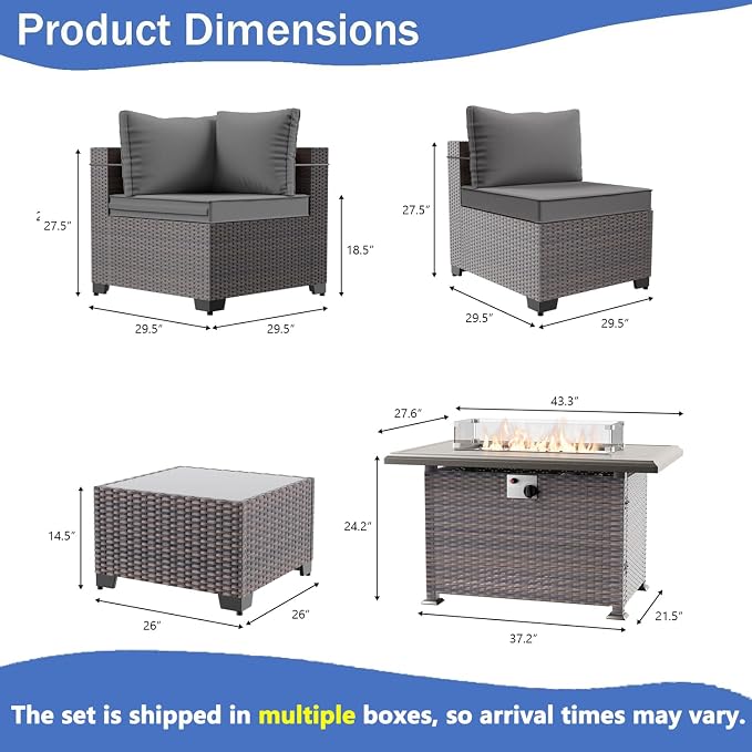 10 Pieces Outdoor Patio Furniture Set,Outdoor Sectional Furniture with 43" 55000 BTU Gas Propane Fire Pit Table,All Weather PE Rattan Wicker Patio Conversation Set with 2 Ottomans,Grey