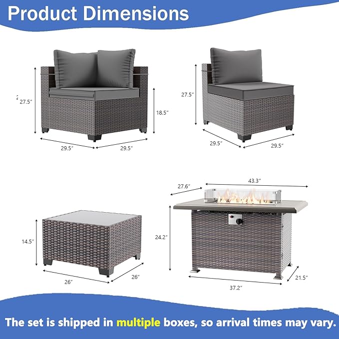 11 Pieces Outdoor Patio Furniture Set,Outdoor Sectional Furniture with 43" 55000 BTU Gas Propane Fire Pit Table,PE Rattan Wicker Patio Conversation Set,Swivel Rocking Chairs Set,Grey