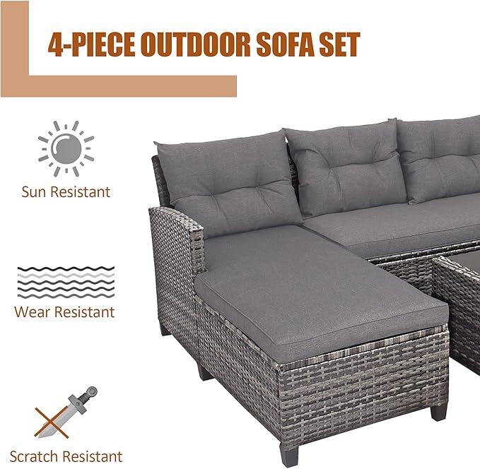 Tangkula 4 Pieces Rattan Conversation Set, Patiojoy Outdoor Furniture Set with Cushions, Lounge Sofa Set with Coffee Table, Patio Sectional Sofa Set for Patio Garden Poolside Backyard (Gray)