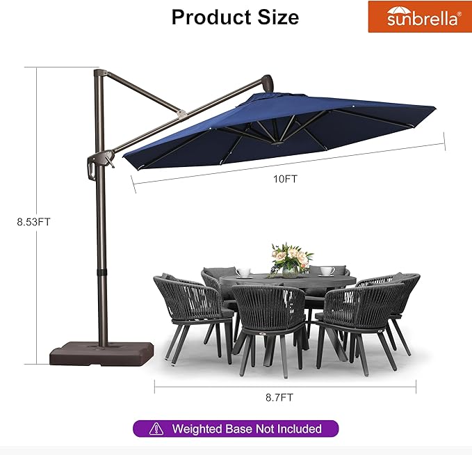 PURPLE LEAF 10' X 10' Cantilever Patio Umbrella with 360-degree Rotation Aluminum Round Outdoor Offset Hanging Umbrella for Patio Pool, Spectrum Indigo