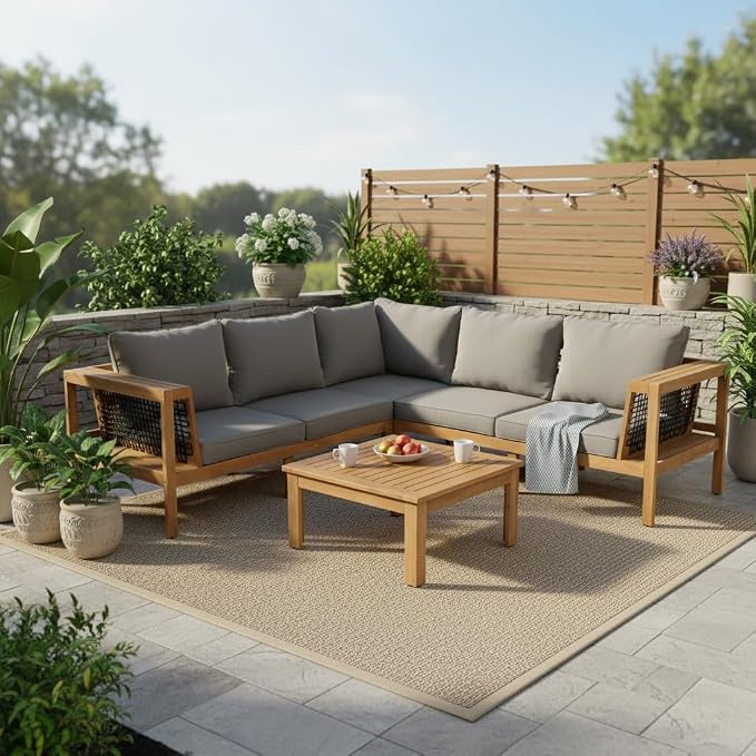 GDFStudio 4-Piece Outdoor Patio Sofa Set, L-Shaped Acacia Wood Seating with Coffee Table, Woven Mesh Armrests, Cushioned Conversation Set with Removable Pillows for Garden, Deck, Balcony, Gray