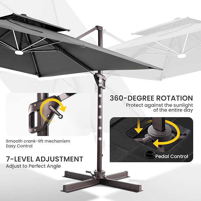 10x10 FT Cantilever Patio Umbrella with Led Lights Double Top Outdoor Square Large Heavy Duty Aluminum Offset Umbrellas with 7 Level Tilt 360-degree Rotation for Pool Garden Deck, Grey