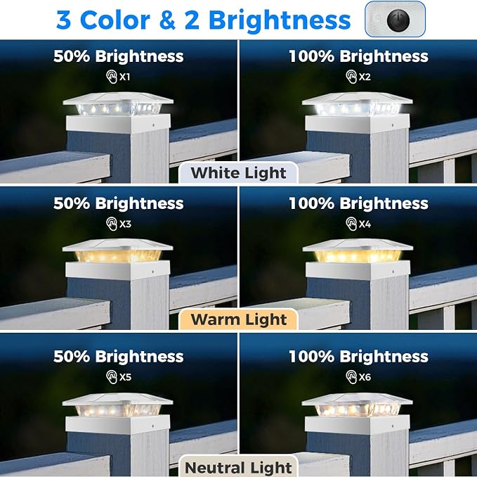 4x4 Solar Post Cap Lights Outdoor with 3 Modes, 12 Packs White Fence Light Solar Powered Waterproof for Wood/Vinyl Posts for Deck Yard Garden Patio Outside