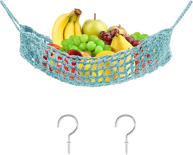 Macrame Fruit Hammock 1 Pack Cotton Fruit Holder Net Under Cabinet Veggie Storage Space Saving Kitchen Decor with Hooks (Light Blue)