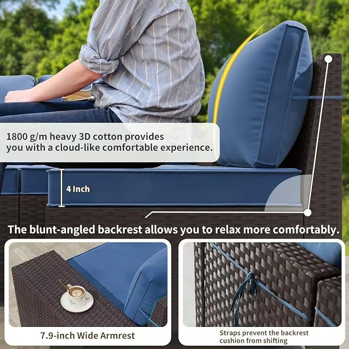 Gotland 12 Pieces Patio Furniture Set, Wicker Outdoor Sectional with Wide Armrests 29.5'' High Backrest 4'' Thick Waterproof Cushions, Oversized Patio Furniture for Deck Garden Navy
