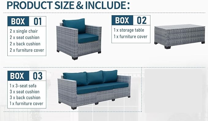 4 Piece PE Rattan Sectional Sofa Couch Peacock Blue Outdoor Conversation Set Wicker Patio Furniture Sets with Storage Table and Comfortable Cushions