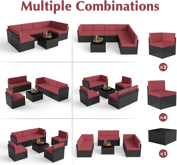7-Piece Outdoor Patio Furniture Set, Patio Conversation Set, Patio Sectional Sofa Set with Coffee Table & Cushion for Backyard, Balcony, Garden, No-Slip, PE Wicker, Wine Red/Brown