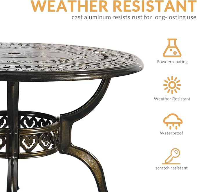 5-Piece Outdoor Patio Dining Set, All-Weather Cast Aluminum Patio Furniture Set for Backyard Garden Deck with 4 Chairs, 4 Cushions and 38.5" Round Table, 2" Umbrella Hole, Red
