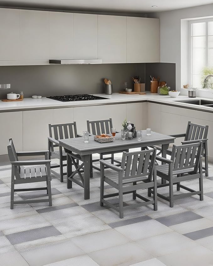 Outdoor HDPE Dining Table Set, 7-Piece Outdoor Patio Dining Sets with Umbrella Hole Cut-Out Table and 6 Chairs for Backyard, Deck, Garden and Poolside, Gray