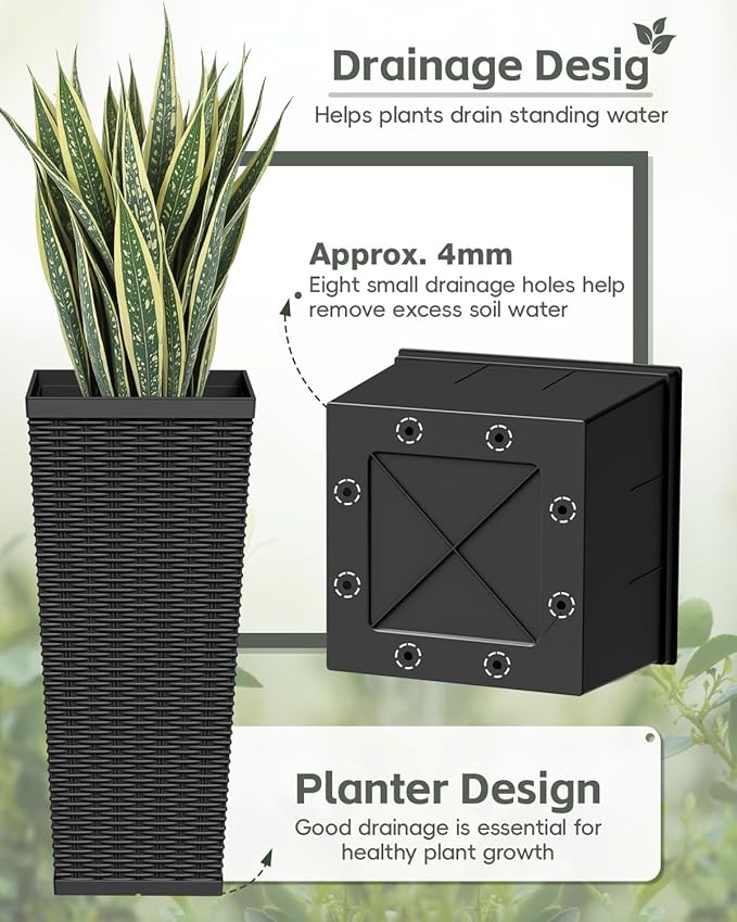 Greesum 30 Inch Tall Plastic Planters (Set of 2), Extra Large Outdoor Flower Pots with Detachable Inner Pot & Drainage Holes for Large Plants, Trees, Patio, and Garden, Black