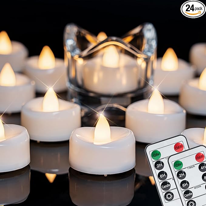 merrynights Remote Candles, 24PCS Flameless Tea Lights Candle Battery Operated with Timer, 400+Hours Remote Control LED Tea Lights Votive Candle - 1.5'' D X 1.25'' H- Warm White Light