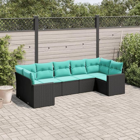 7 Piece Patio Sofa Set with Cushions, Patio Conversation Set Outdoor Dining Sets Front Porch Furniture Porch Furniture Set for Garden Piazza Exhibition Poolside Black Poly Rattan