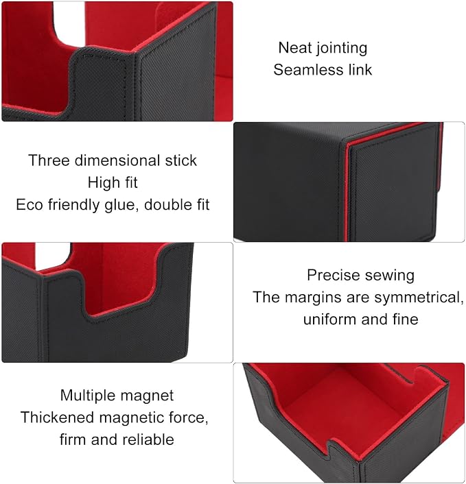 Qiilu Magnetic Closure Card Deck Box with Magnetic Flap Lid, Large Capacity PU Leather Storage Box/Cover for Game and Tarot Cards, Strong Magnet Closure Cases (Black Red)