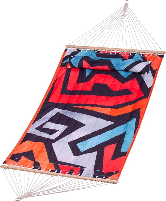 Backyard Expressions Reversible Quilted Hammock - Single or Double Hammock for Outdoor Relaxation with Matching Pillow, Zig Zag