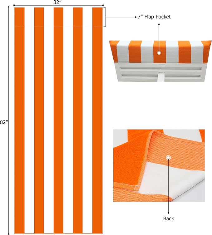 COTTON CRAFT Pool Lounge Chair Cover - 2 Pack - Chaise Beach Picnic Spa Towel - Cabana Stripe - Soft Premium Ringspun Terry Cotton - Oversized - 32 inch wide x 82 inch long with 7 inch Pocket – Orange