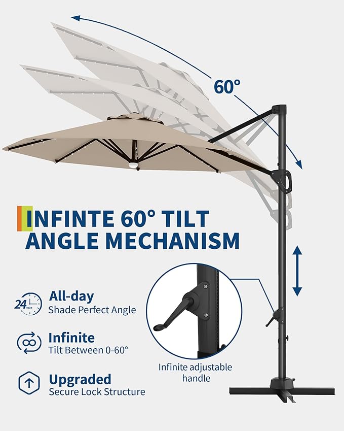 GarveeLife 10 ft Cantilever Umbrella Outdoor Patio Umbrella Solar LED w/Base Included Market Offset Umbrella Sun Shade Windproof with 360-Degree Rotation for Patio Garden Deck Pool, Tan