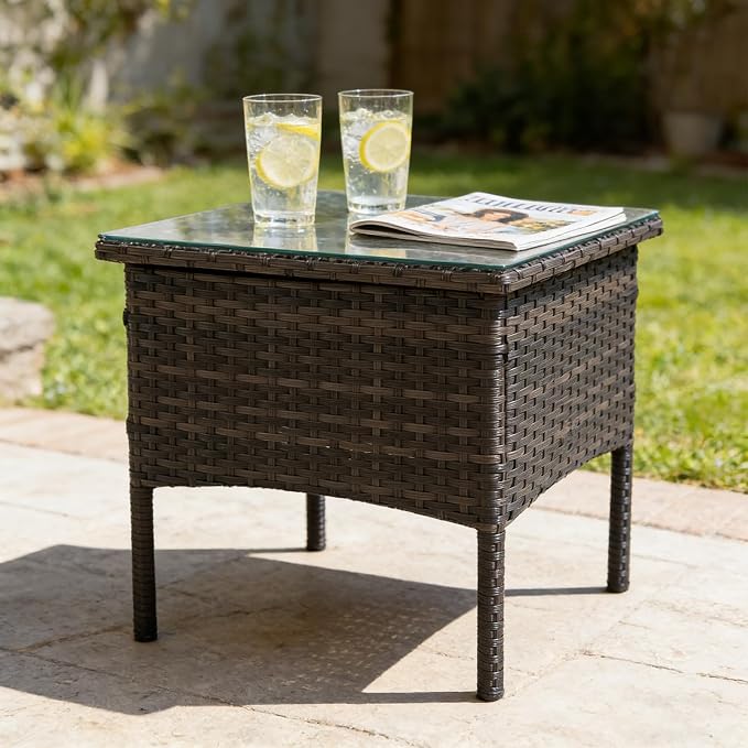 Outdoor Patio Wicker Table,Rattan Side Table,Modern Patio End Side Table with Glass Countertop and Storage Space,for Porch Garden Balcony