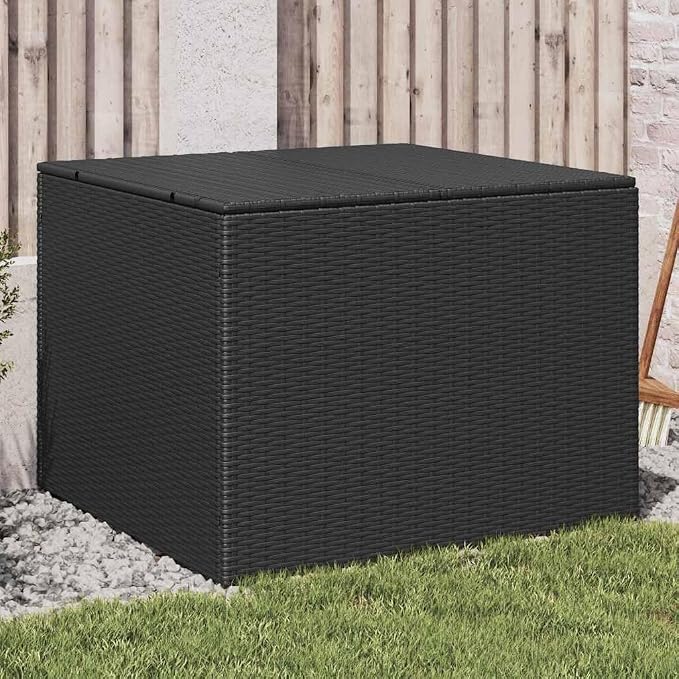 Large Garden Storage Box Black PE Rattan Deck Storage Box for Patio with 291-Liter Capacity and Easy Access Outdoor Woven