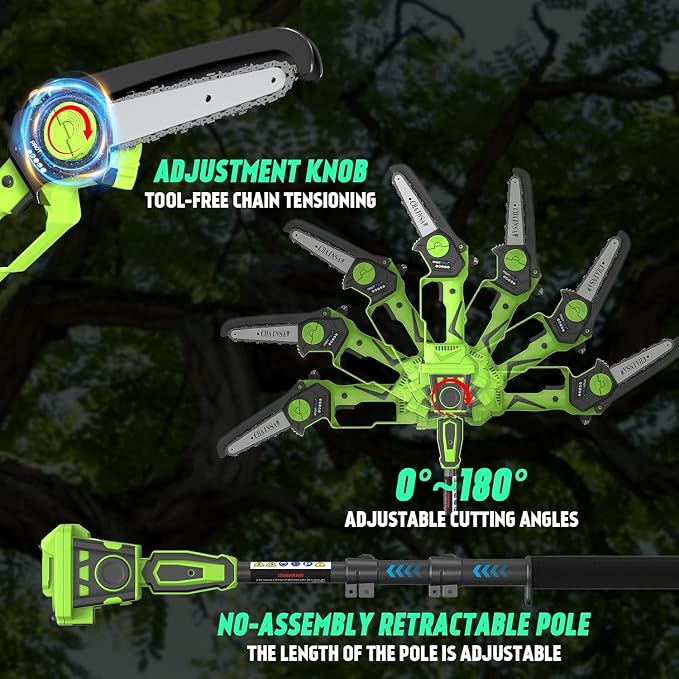2-in-1 Cordless Pole Saw 8 Inch＆Mini Chainsaw, with 2×4.0Ah 21V Battery and Charger, Brushless Motor, Total Reach of Max 15ft, Electric Pole Saw for Tree Trimming and Hedge Cutting