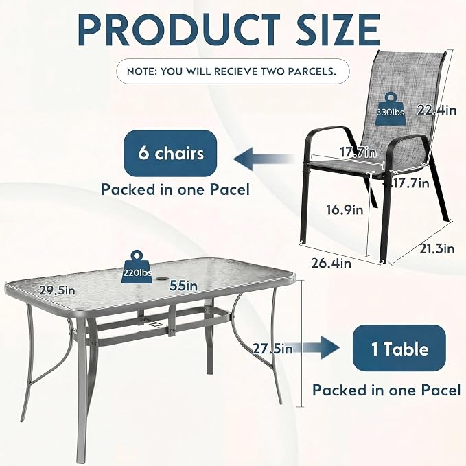 Arlopu 7-Piece Outdoor Table and Chairs for 6, Outdoor Dining Set W/Rectangle Glass Table and Patio Textilene Stackable Chairs, Patio Furniture Set W/Umbrella Hole (Grey Table & Grey Chair)