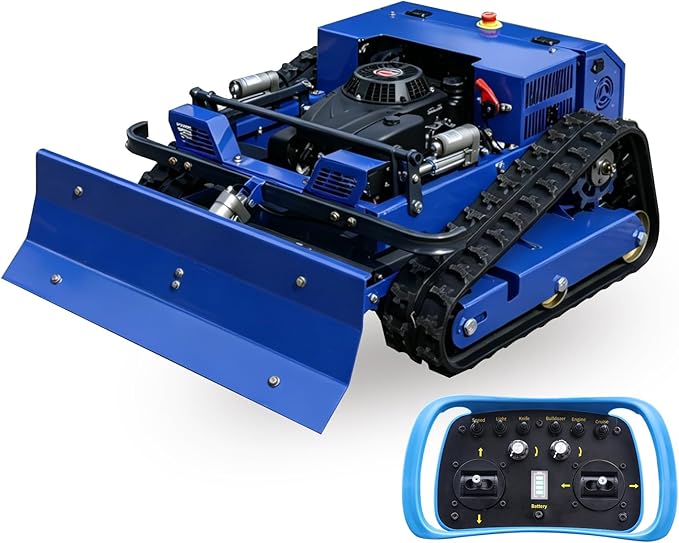 Remote Control Lawn Mower with Snow Plow, Crawler Track All-Terrain Machine, Oil-Electric Hybrid Power for Extreme Slopes and Large Turf, Adjustable Cutting Height