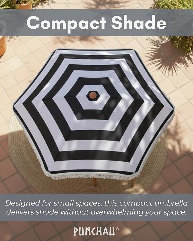 6 Ft Fringe Patio Umbrella - Outdoor Umbrella for Patio, Pool, Table, Garden, Deck, Beach, and Outdoors - Fashionable Boho Vintage Tassels & Wood Print - Push Button Tilt Pole