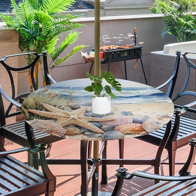 OSAM SPACE Outdoor Tablecloth with Umbrella Hole, Round Elastic Fitted Table Cloth with Invisible Zipper, Beach Starfish Picnic Patio Table Cover 36-44in