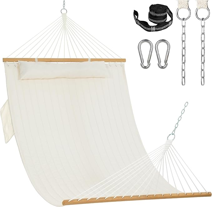 Lazy Daze Hammocks 2 Person Double Quilted Fabric Hammock with Spreader Bar, Detachable Pillow, Side Pocket, Carabiners, Chains, Straps for Outdoor, 450lbs Capacity, Natural