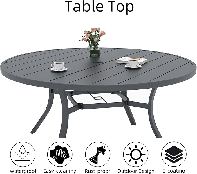 Large Outdoor Dining Set of 7 with Patio Black Stackable Chairs,54 in Table | 6 or 8 Person Use, Stackable Chairs, Textilene Seat&Back, Large Metal Round Slat Table, 1.56"-1.9" Umbrella Hole, All Weather