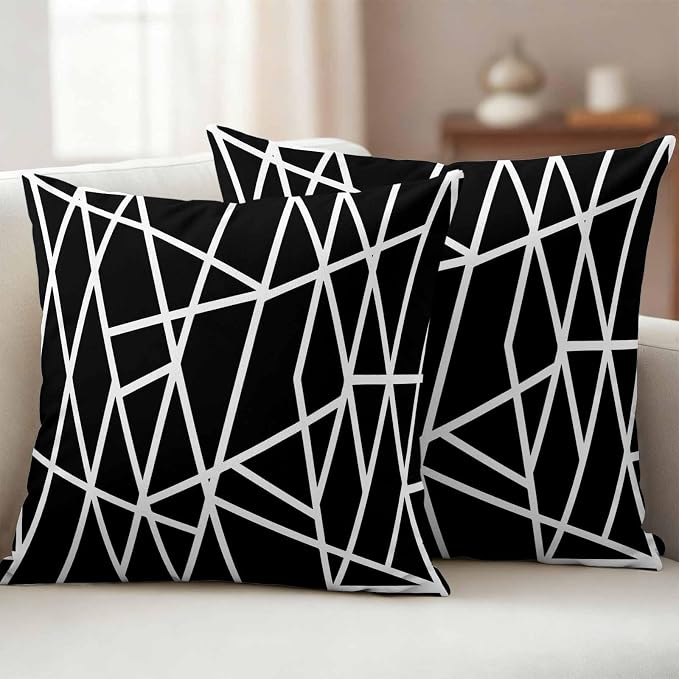Outdoor Pillow Covers Waterproof, Black Geometric Decorative Square Throw Pillowcases Patio Cushion Covers for Tent/Garden, 26" x 26" 2 Pack, Abstract Stripes Modern Simple