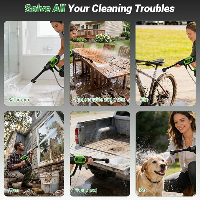 PZZ Cordless Pressure Washer, 1000 PSI Portable Power Cleaner with Dual 18.5V Batteries, 6-in-1 Nozzle & 17FT Hose, Lightweight Battery Powered Car Washer for Patio, Garden & Outdoor Cleaning (Green)